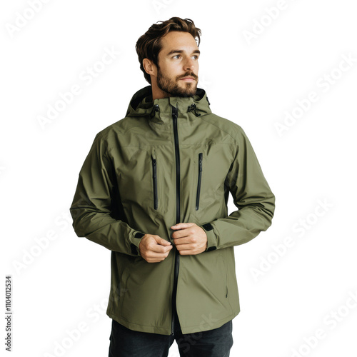 Man standing confidently in a green waterproof jacket outdoors  on  transported background 