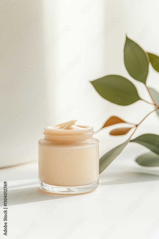Natural skincare cream in clear jar placed on white table with green plant leaves Natural skincare cream in clear jar placed on white table with green plant leaves