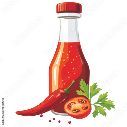 Spicy ketchup bottle with fresh chili pepper and tomato  on  transported background  photo