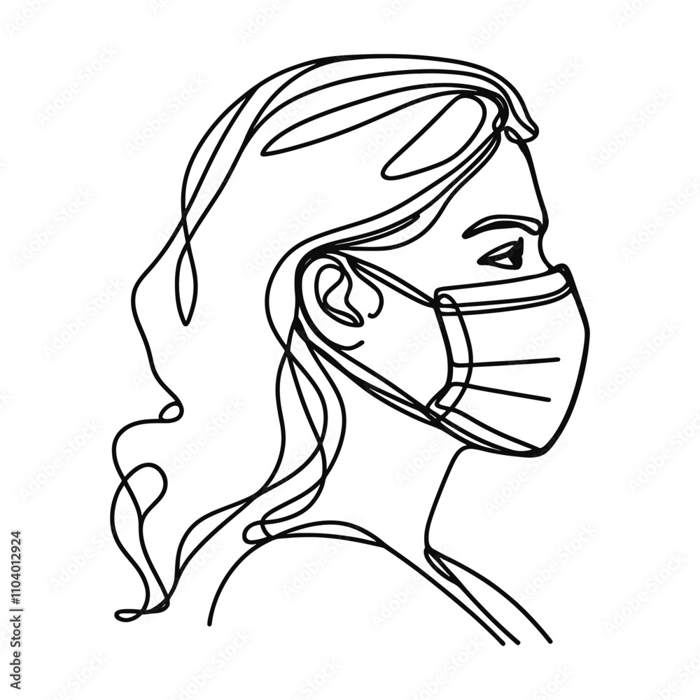 One continuous line illustration of a woman in a protective mask, isolated on white background. One continuous line illustration of a woman in a protective mask, isolated on white background.