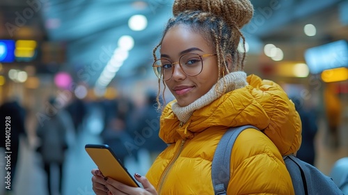 Female tourist using a smartphone and listening to music at the airport departure area