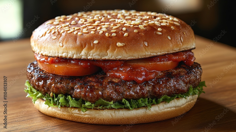A delicious hamburger with lettuce, tomato, and ketchup on a sesame seed bun. A delicious hamburger with lettuce, tomato, and ketchup on a sesame seed bun.