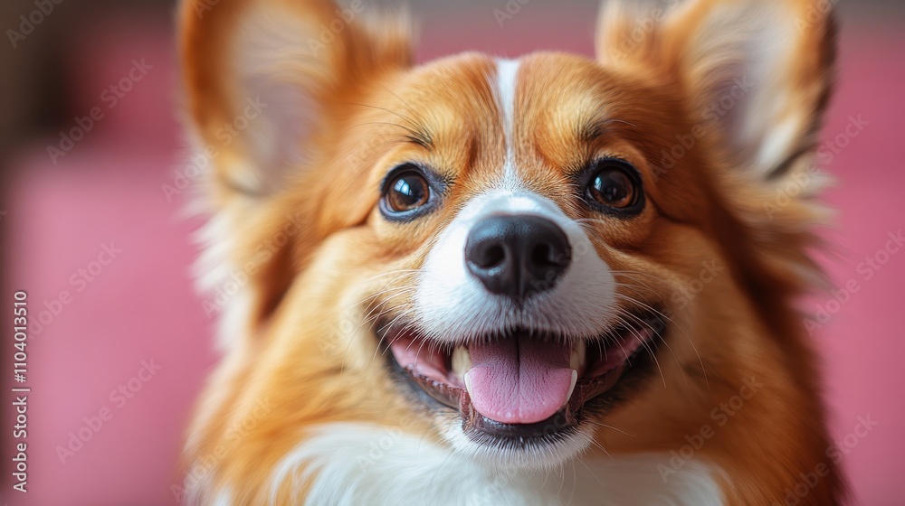 Smiling dog on a pink background, showing its joyful expression Smiling dog on a pink background, showing its joyful expression