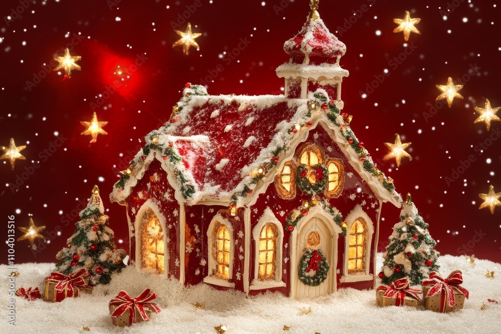 A charming Christmas house glows warmly, showcasing a twinkling tree through its window, inviting holiday cheer and festive spirit into the night. A charming Christmas house glows warmly, showcasing a twinkling tree through its window, inviting holiday cheer and festive spirit into the night.