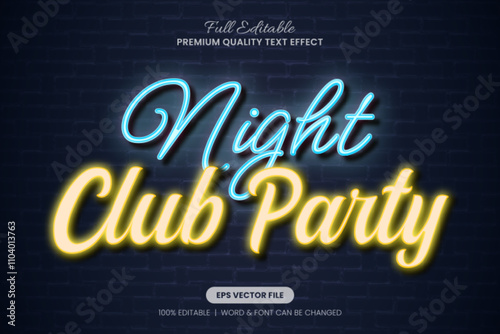 Neon Night Club Party editable text effect, font graphic style with vibrant neon glow in purple and blue hues. Perfect for neon, retro, and creative projects.