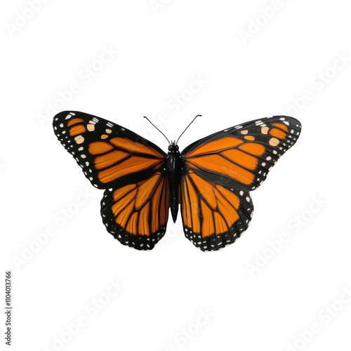 Vibrant monarch butterfly perched with open wings in nature on transported background 