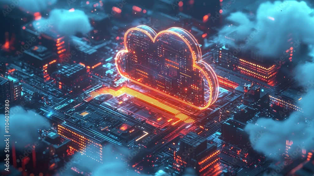 A futuristic digital cloud over a vibrant cityscape, illuminated with neon colors and surrounded by a mystical atmosphere.
