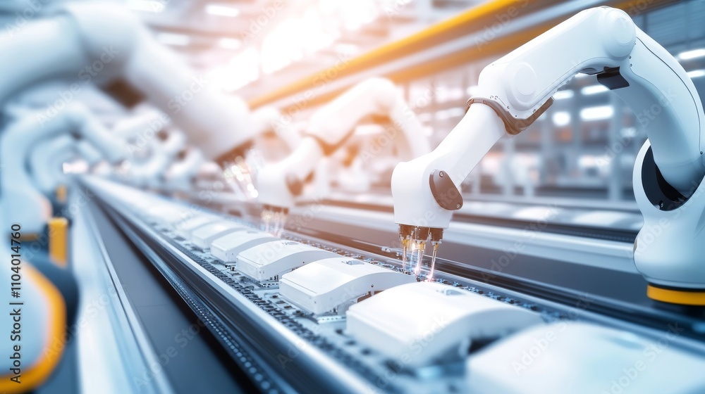 Row of White Robotic Arms at Automated Production Line at Bright Modern Factory. Industrial Robot Arms Assemble Lithium-Ion EV Battery Pack. Electric Car Manufacturing Inside Automotive Smart Factory Row of White Robotic Arms at Automated Production Line at Bright Modern Factory. Industrial Robot Arms Assemble Lithium-Ion EV Battery Pack. Electric Car Manufacturing Inside Automotive Smart Factory