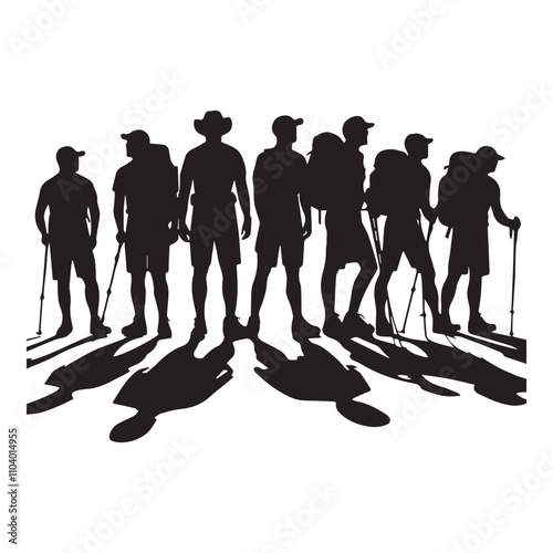 Group of Hiking man Silhouettes. hiker with backpack and rucksacks silhouette. 