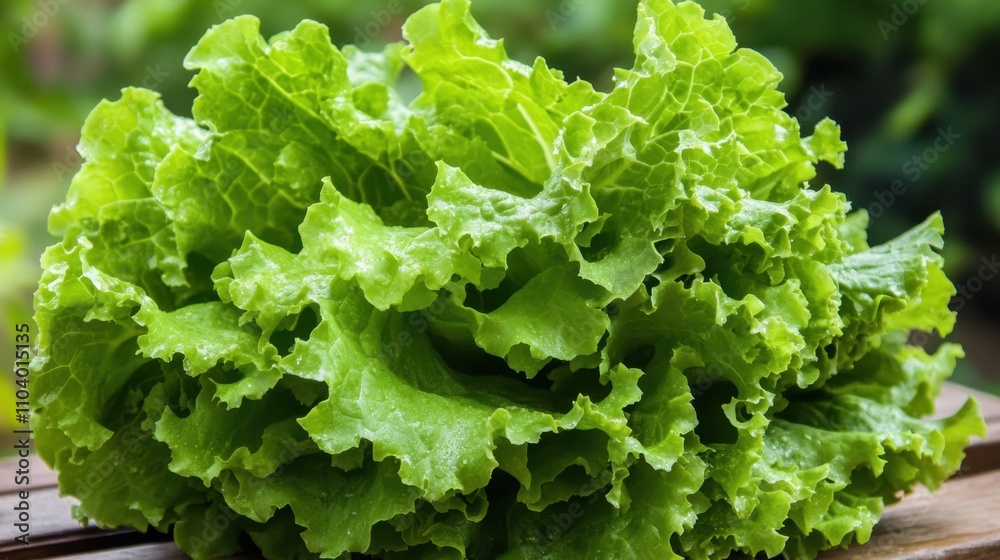 Fresh and Crisp Green Lettuce Leaves on a Wooden Surface Fresh and Crisp Green Lettuce Leaves on a Wooden Surface