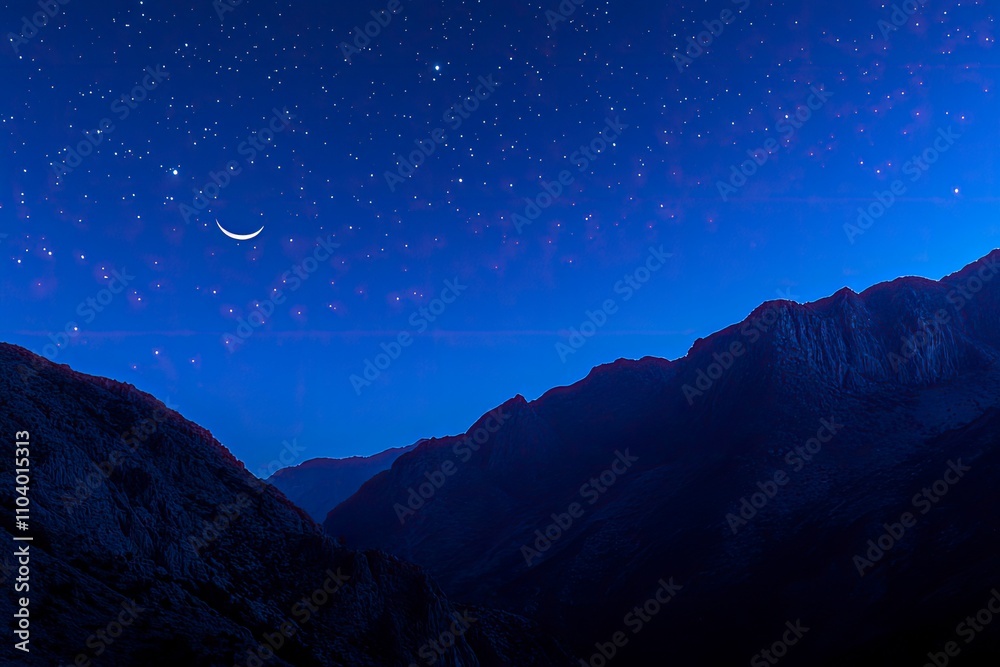 Panorama view of Night sky and moon, stars,Ramadan Kareem celebration.Serenity mountain background, outdoor. Panorama view of Night sky and moon, stars,Ramadan Kareem celebration.Serenity mountain background, outdoor.