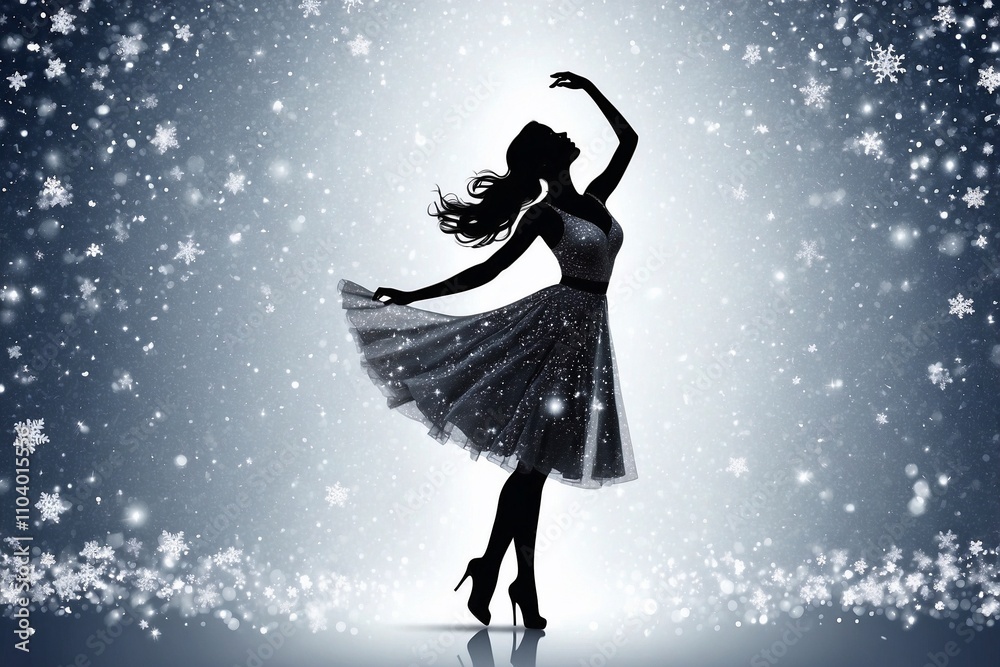 Silhouette of a Woman in a Dress Dancing Against a Wall with Sparkling Snowflakes