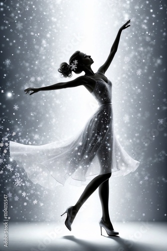 Silhouette of a Woman in a Dress Dancing Against a Wall with Sparkling Snowflakes