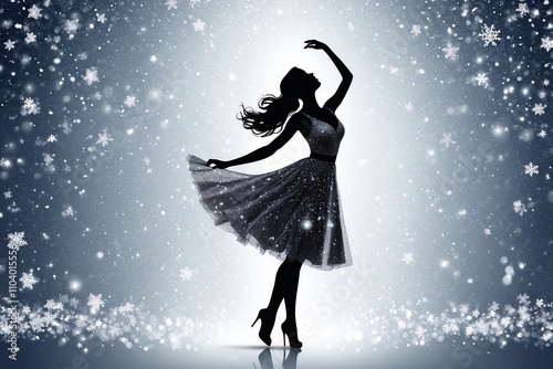 Obraz na płótnie Silhouette of a Woman in a Dress Dancing Against a Wall with Sparkling Snowflakes w salonie
