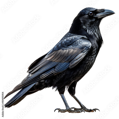 Realistic black crow isolated on white background, transparent PNG, studio shot of wildlife bird in side view, standing, flying, nature, feather, silhouette, clipping path, download