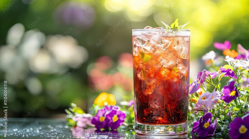 A refreshing drink in a clear glass, filled with ice and garnished with mint, sits among colorful flowers in a bright garden setting. A refreshing drink in a clear glass, filled with ice and garnished with mint, sits among colorful flowers in a bright garden setting.