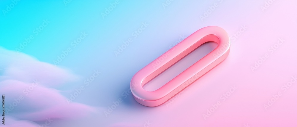 3D rendering of a pink paperclip on a pastel pink and blue background. The paperclip is in the shape of an oval and is positioned in the center of the image. 3D rendering of a pink paperclip on a pastel pink and blue background. The paperclip is in the shape of an oval and is positioned in the center of the image.