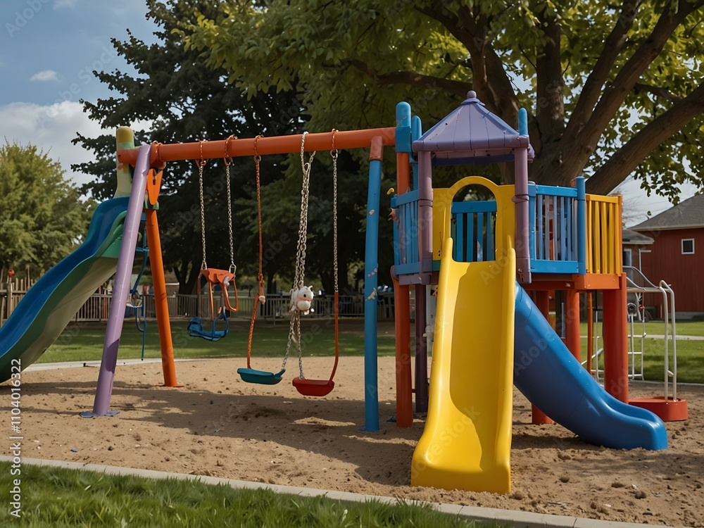 A colorful playground scene with swings, trees, and happy animals. A colorful playground scene with swings, trees, and happy animals.
