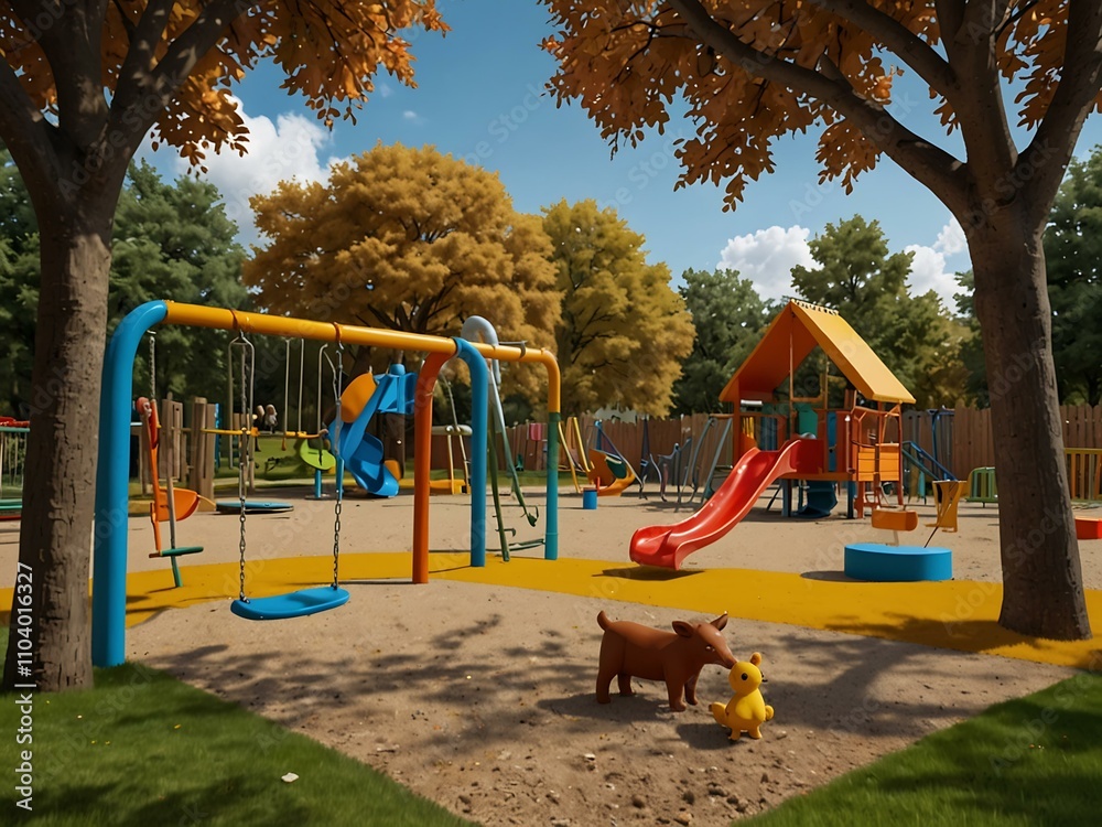 A colorful playground scene with swings, trees, and happy animals. A colorful playground scene with swings, trees, and happy animals.