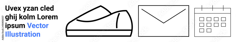 Casual shoe, outline of an envelope, and calendar with grid. Ideal for e-commerce interfaces, stationery design, scheduling apps, communication tools, office planning, minimalistic themes Casual shoe, outline of an envelope, and calendar with grid. Ideal for e-commerce interfaces, stationery design, scheduling apps, communication tools, office planning, minimalistic themes