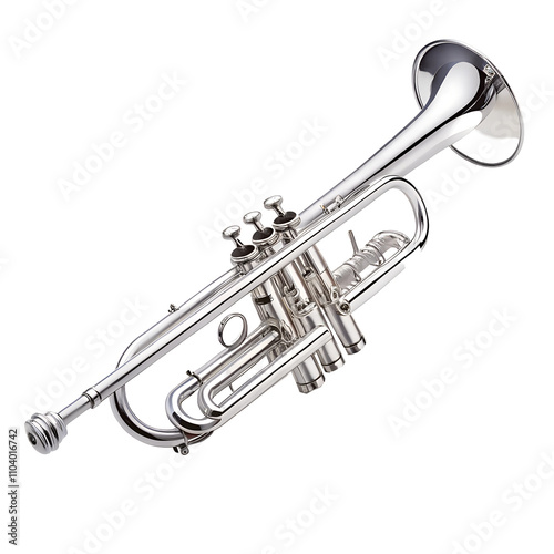 Realistic trumpet isolated on white, gold and silver musical instrument, clipping path PNG download, jazz concert, orchestra, dynamic melody, minimalist, vibrant horn design.