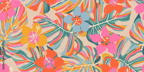 Hand drawn tropical flowers, seamless patterns with floral for fabric, textiles, clothing, wrapping paper, cover, banner, interior decor, abstract backgrounds. vector illustration.