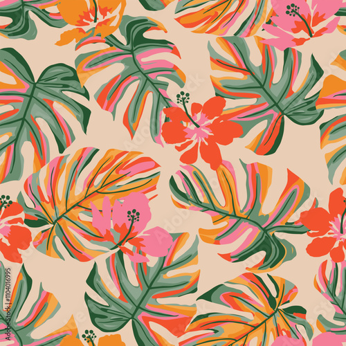 Hand drawn tropical flowers, seamless patterns with floral for fabric, textiles, clothing, wrapping paper, cover, banner, interior decor, abstract backgrounds. vector illustration.