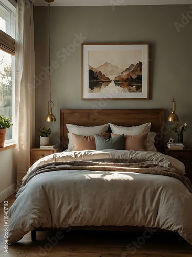 A cozy bedroom with modern decor and a serene atmosphere.