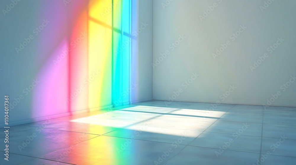 Bright rainbow rays from a crystal prism illuminating a clean white wall Bright rainbow rays from a crystal prism illuminating a clean white wall