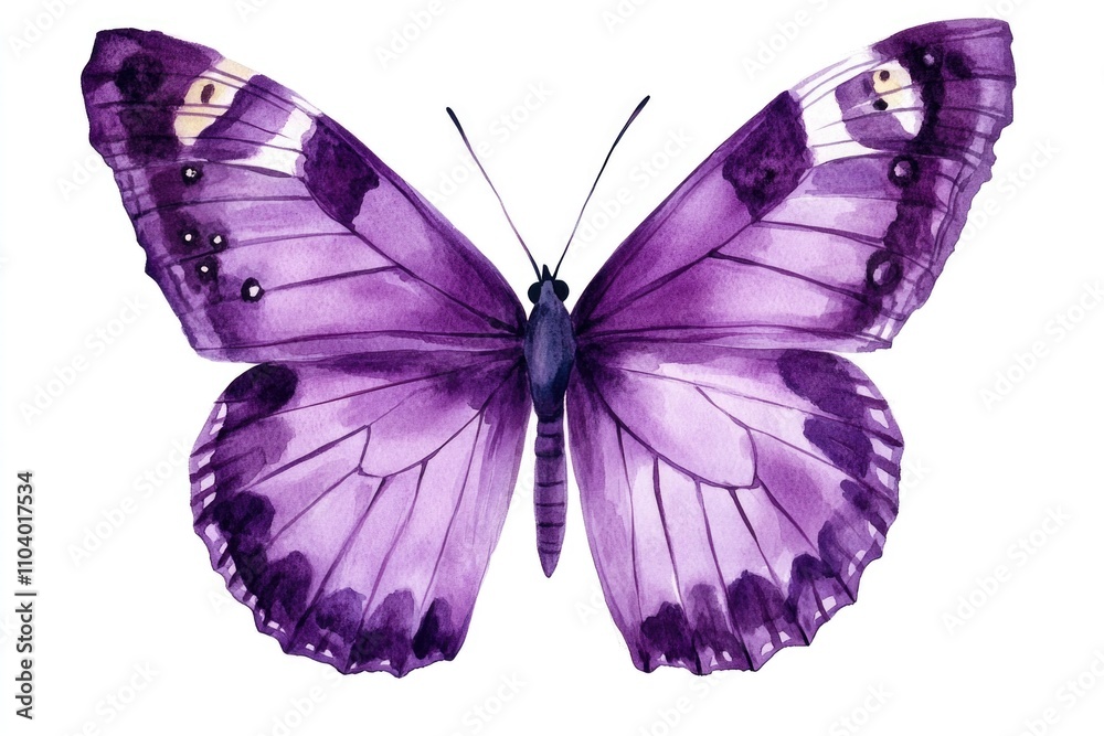 Obraz premium A delicate watercolor painting of a purple butterfly with intricate details and soft colors