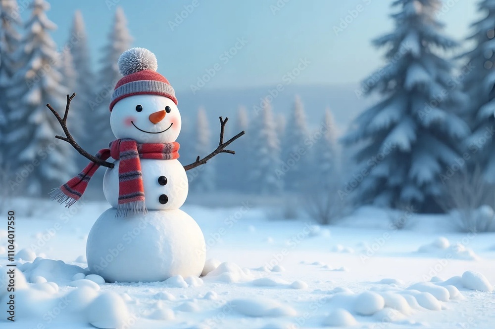 Obraz premium Jolly Snowman with Knit Accessories against Snowy Forest Background
