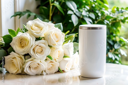 Bright white tumbler mockup placed beside cream roses and vibrant greenery by a window, illuminated by natural light. A versatile scene for wedding, spring, or nature-inspired designs.