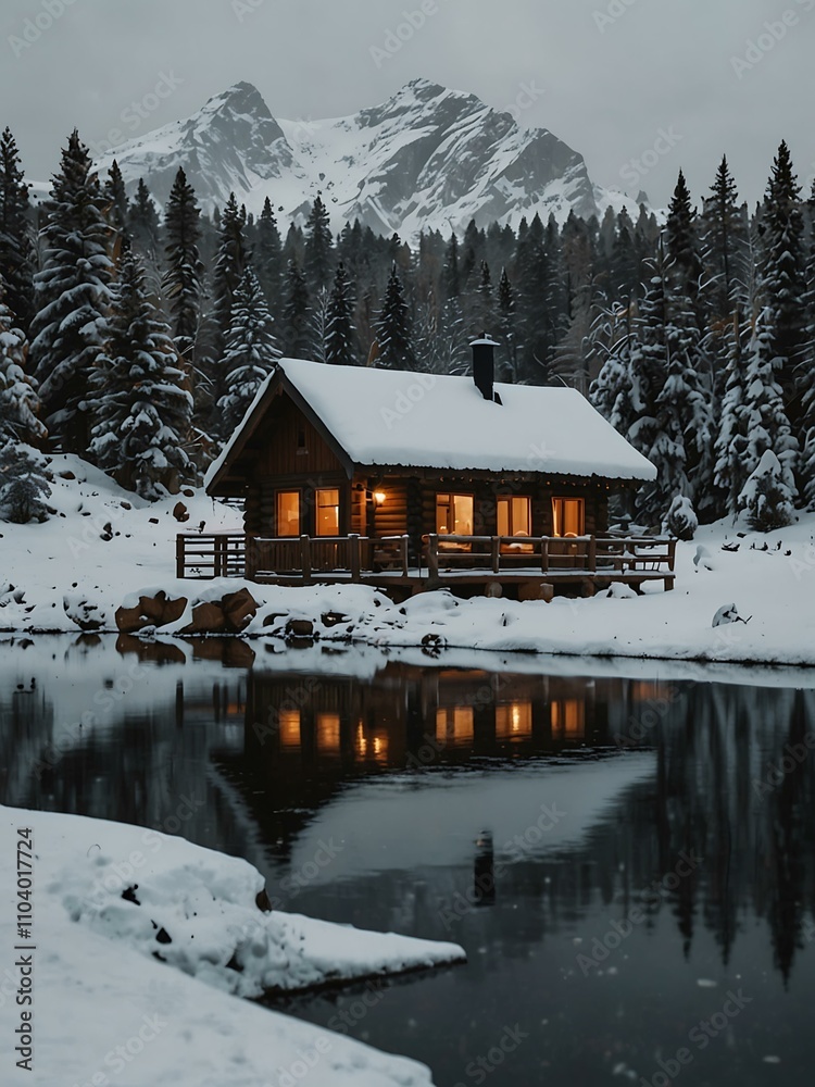 Fototapeta premium A cozy winter cabin in a snowy landscape.