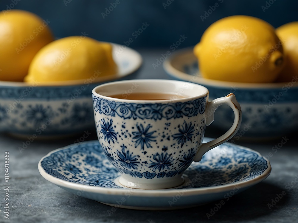 A cup of lemon tea with anise star on white and blue dishes. A cup of lemon tea with anise star on white and blue dishes.