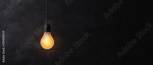  single light bulb hanging from a black cord against a dark grey background. The light bulb is turned on and emits a warm yellow glow. photo