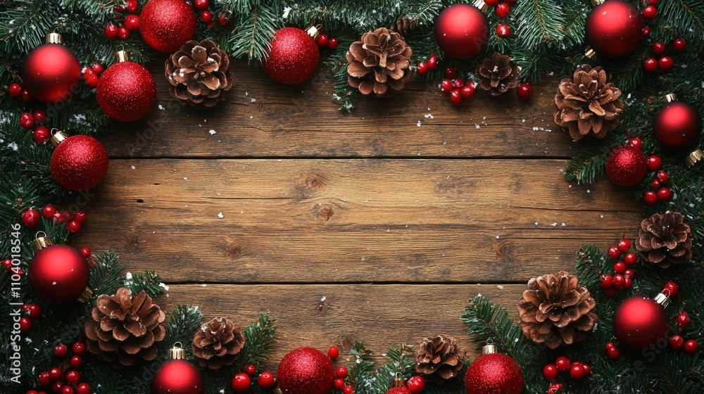 A festive arrangement of pine branches, red ornaments, and pinecones on a wooden background. A festive arrangement of pine branches, red ornaments, and pinecones on a wooden background.