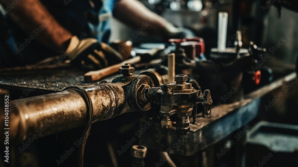 Detailed shot of a plumber replacing old pipes, with tools and water valves visible in the background. Detailed shot of a plumber replacing old pipes, with tools and water valves visible in the background.