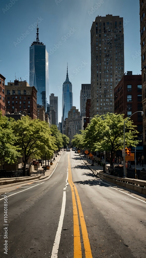 Obraz premium A curved road with Manhattan's skyline and a bright blue sky.