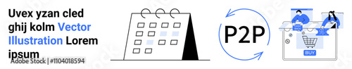Calendar and circular arrows illustrating P2P collaboration. People interacting with online shopping cart. Ideal for business networking, collaboration, e-commerce, peer-to-peer exchange, time