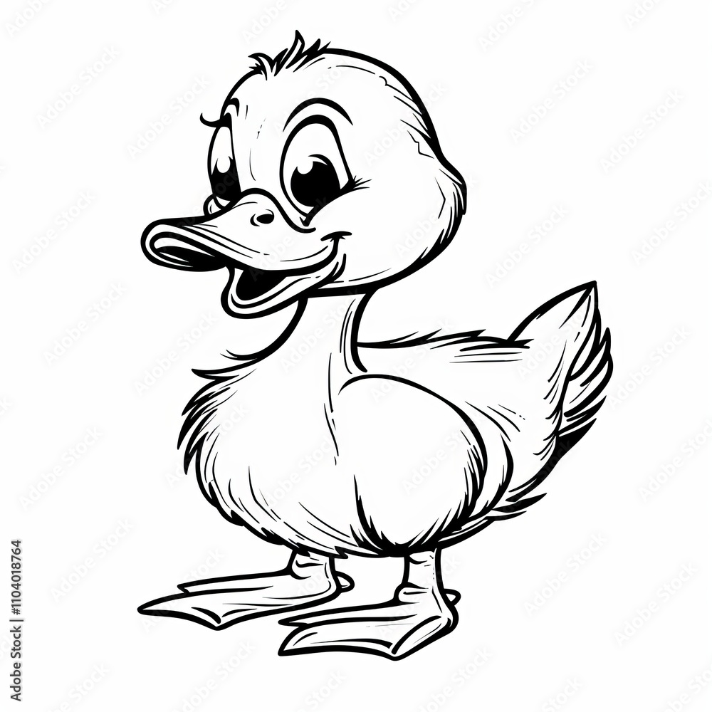 Fototapeta premium A cheerful cartoon duckling with big eyes and a fluffy body, standing with a smile.