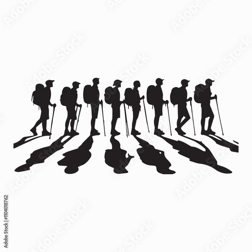 Group of Hiking man Silhouettes. hiker with backpack and rucksacks silhouette. 