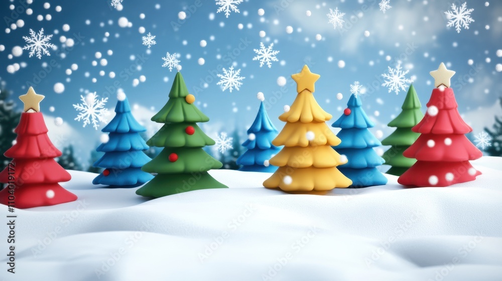 Colorful Christmas Trees on Snowy Ground with Snowflakes Falling Colorful Christmas Trees on Snowy Ground with Snowflakes Falling