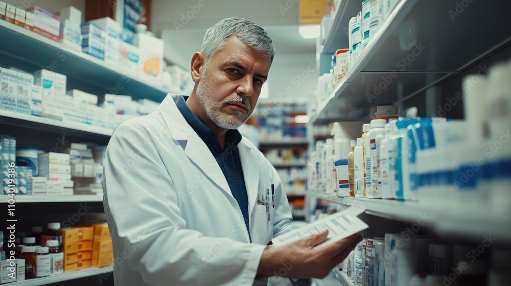 Experienced pharmacist handling a prescription, surrounded by neatly organized shelves of pharmaceuticals Experienced pharmacist handling a prescription, surrounded by neatly organized shelves of pharmaceuticals