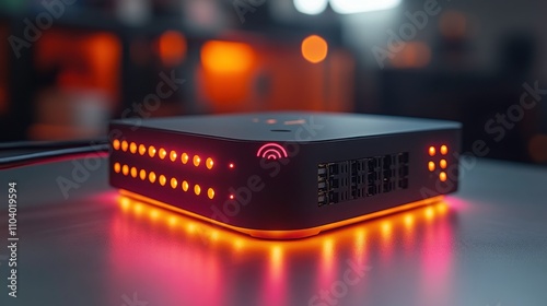 Modern Wireless Router with Glowing LED Lights in a Low Light Environment, Showcasing Advanced Technology and Connectivity Features for Home Networking Solutions photo