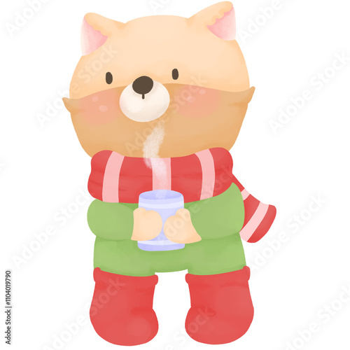 Winter Illustration Cozy Animal with Hot Chocolate and Scarf