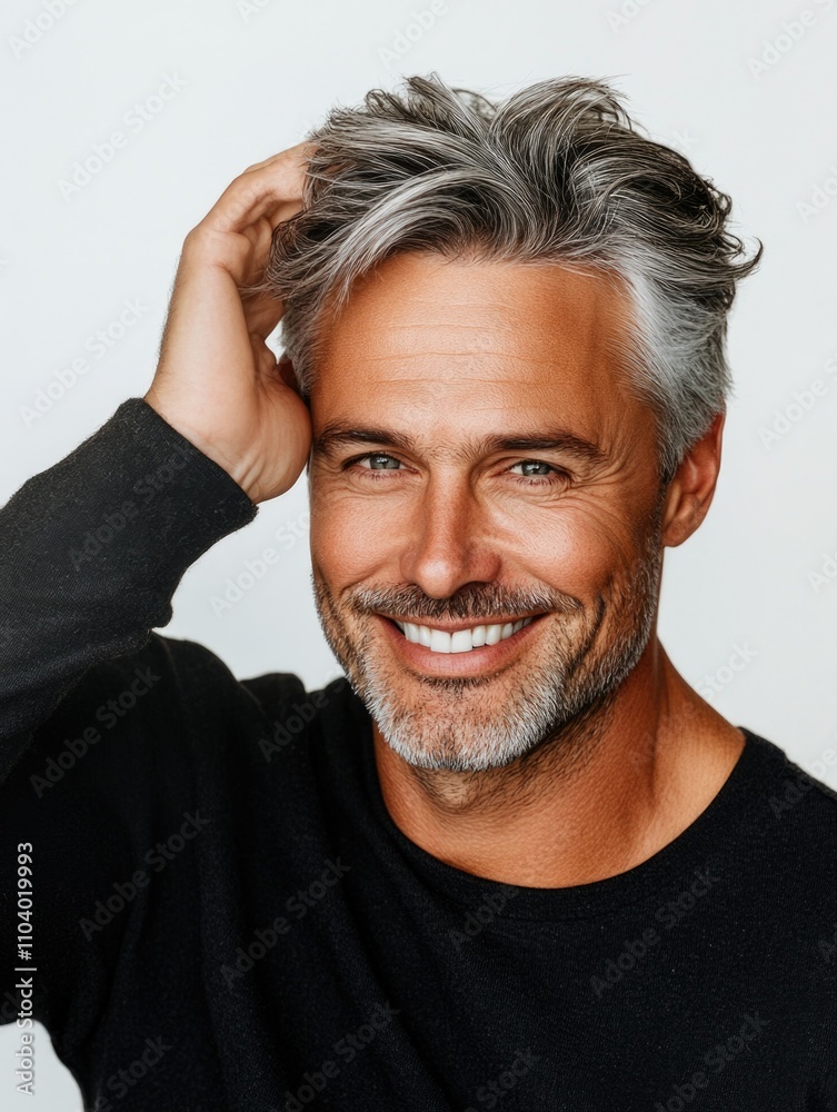 Charismatic Businessman with Smiling Expression and Gray Hair.