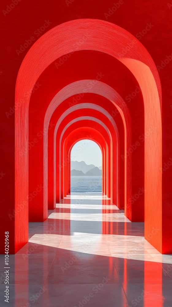 Red and white, curved walls, arches, inside the palace of ancient China