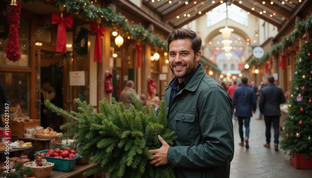 Man holding Christmas greenery in decorated market. Buying, choosing at the Christmas tree market. Smiling guy. Christmas tree trimming. Festive Christmas stalls. Freshly cut tree.Picking a tree. Man holding Christmas greenery in decorated market. Buying, choosing at the Christmas tree market. Smiling guy. Christmas tree trimming. Festive Christmas stalls. Freshly cut tree.Picking a tree.