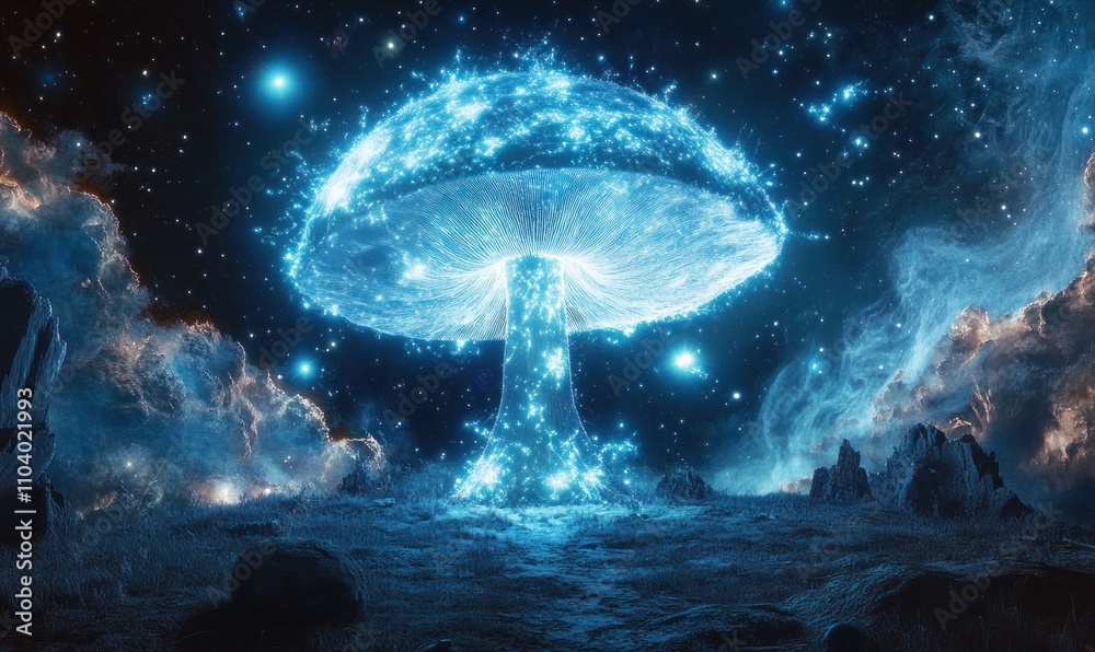Mystical Glowing Mushroom in Cosmic Landscape Mystical Glowing Mushroom in Cosmic Landscape