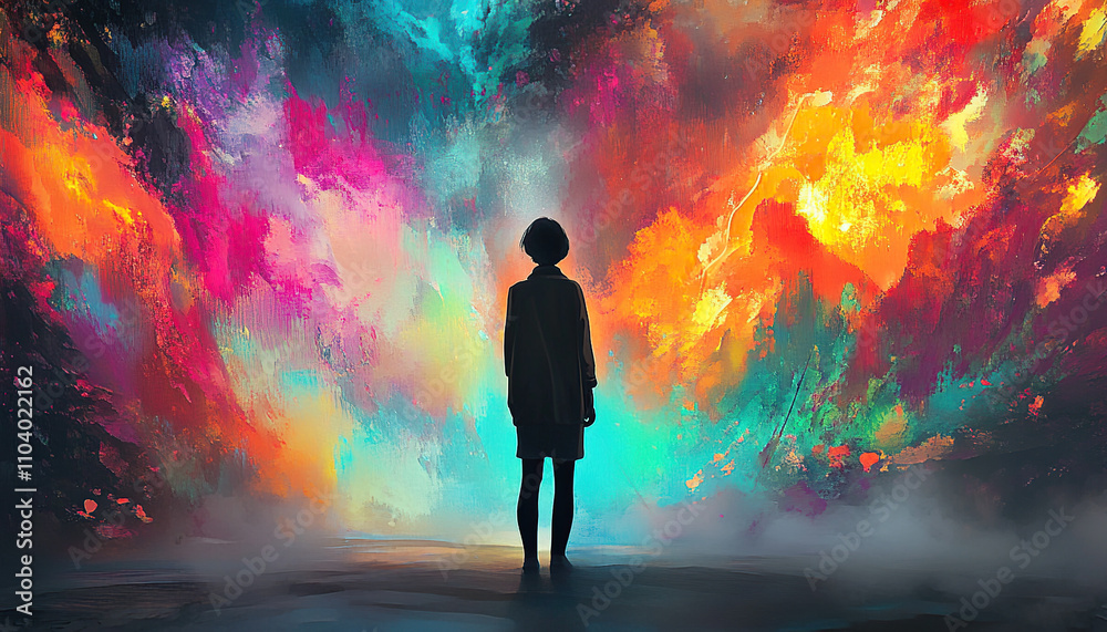 A figure standing in a surreal colorful landscape of emotions A figure standing in a surreal colorful landscape of emotions